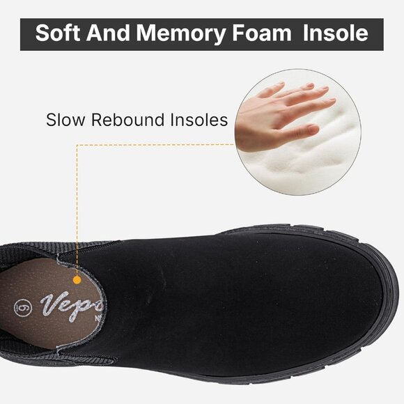 Vepose Women's Blacknubuck Faux Leather Lug Sole Elastic Slip on Ankle Booties - Picture 4 of 9